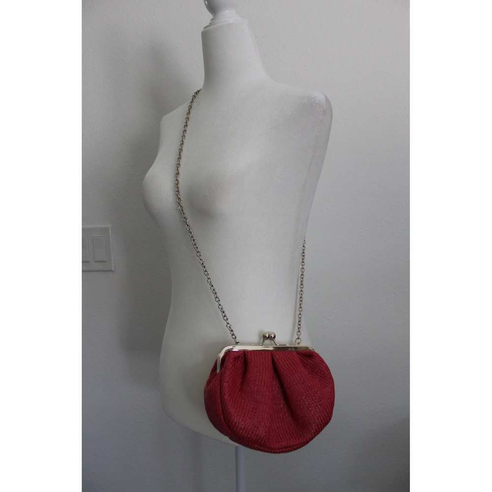 Ann Taylor Red Woven Straw Kiss Lock Clutch Crossbody Bag‎ Chain Strap NWOT